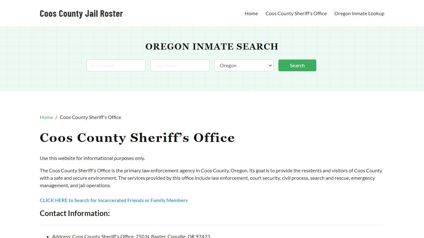 Coos County Sheriff Office, OR, Arrest Warrants Search